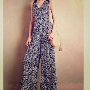 Blue and white wide leg jumpsuit